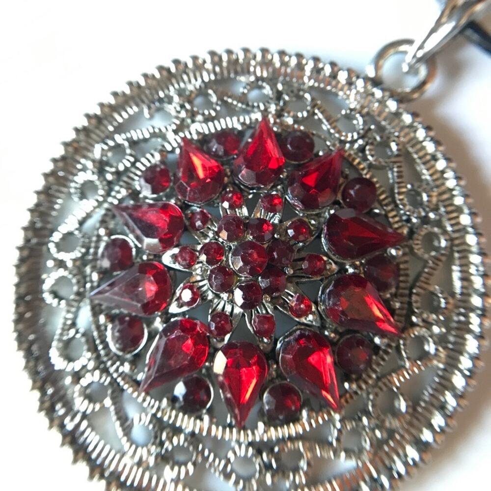 Upcycled antiqued silver tone and ruby red rhinestone pendant necklace
